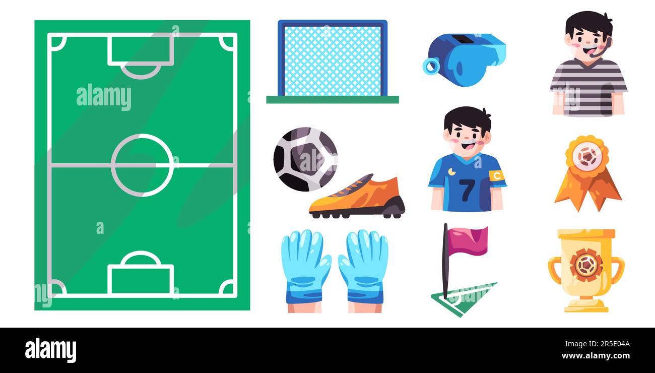 Soccer football object collection icon set cartoon shoes whistle field trophy flag jersey ball and referee championship match player Stock Vector