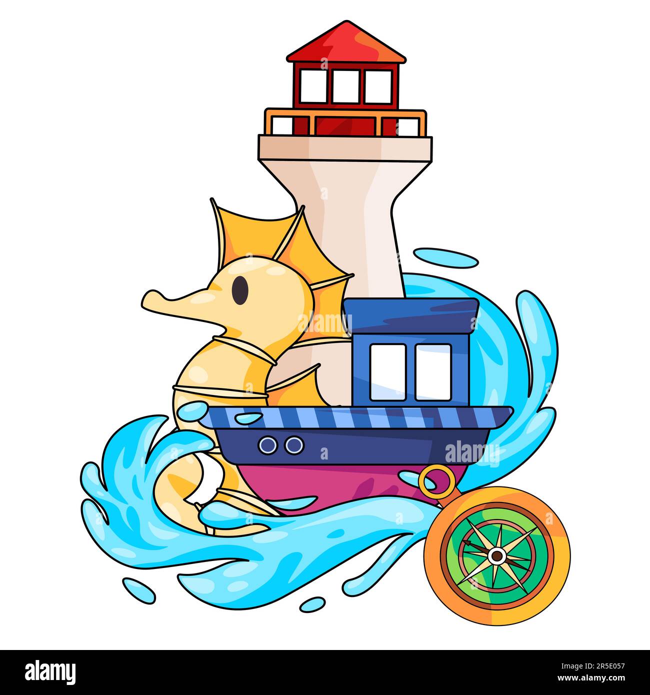 marine sea art drawing illustration of lighthouse sea horse in a boat with compass and ocean sea wave Stock Vector