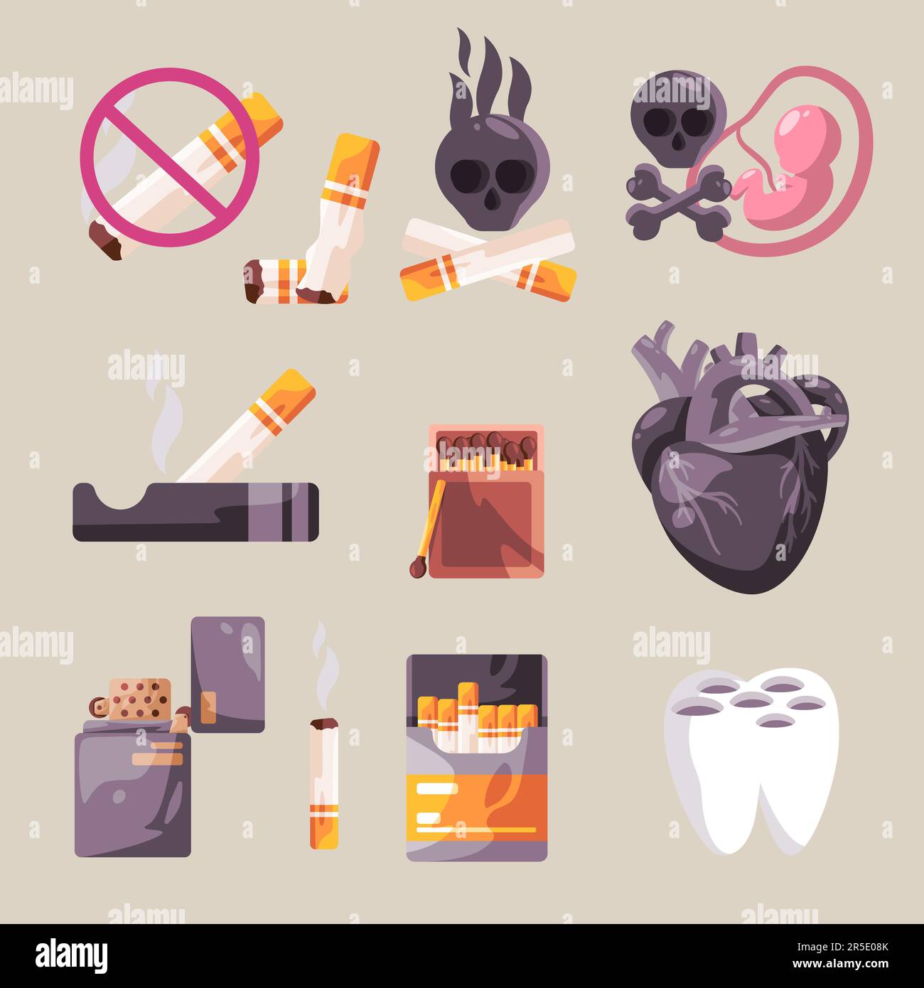 No smoking lighter cigarette unhealthy prohibition symbol warning set