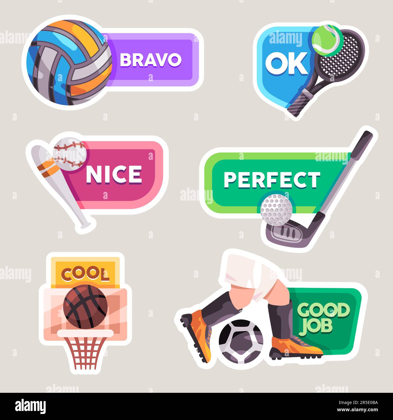 Text comment sticker bravo ok nice perfect cool and good job volley tennis baseball basketball golf and football tournament sport style Stock Vector