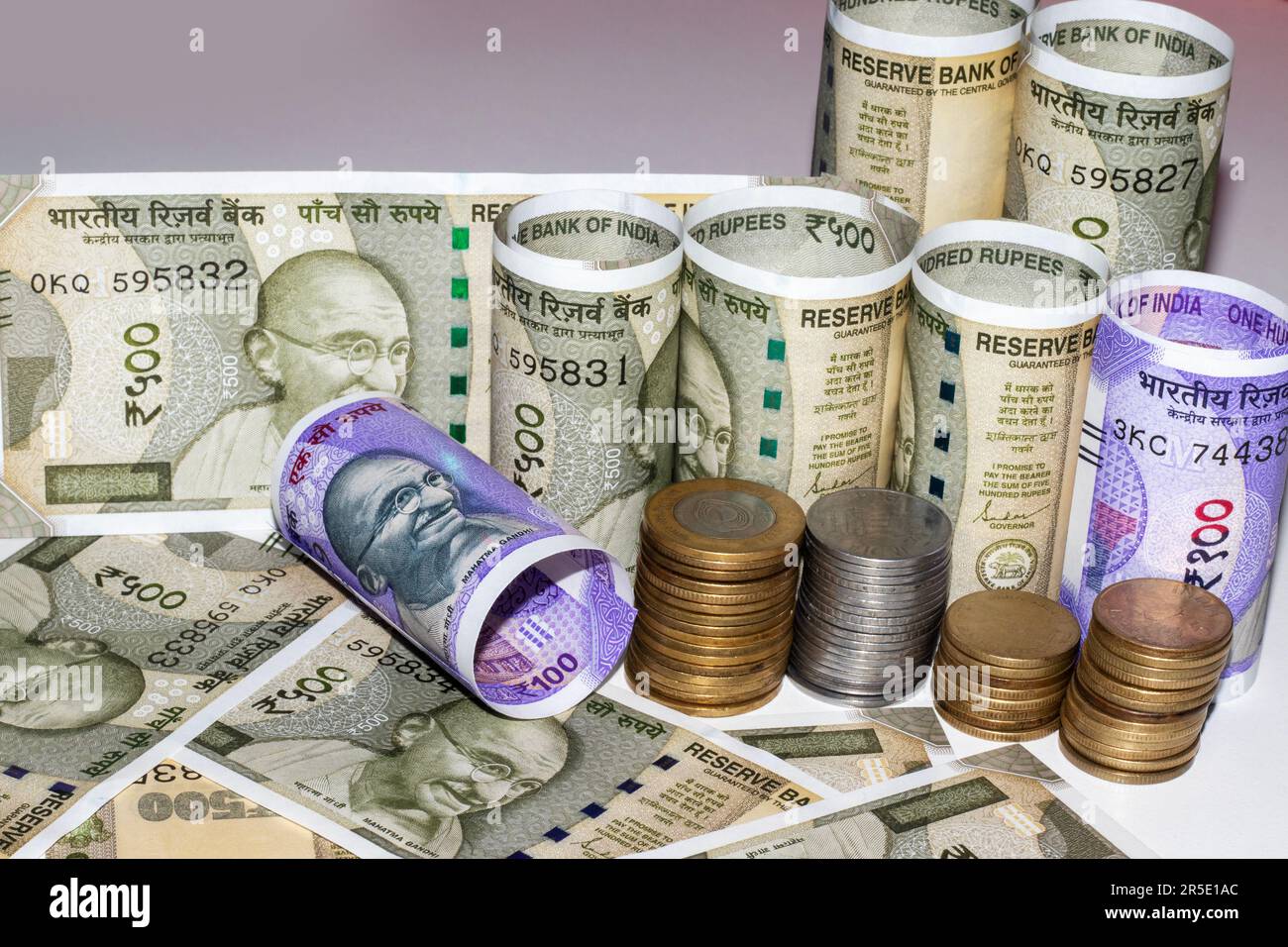 New Indian Currency 500, 100 and indian coins Stock Photo