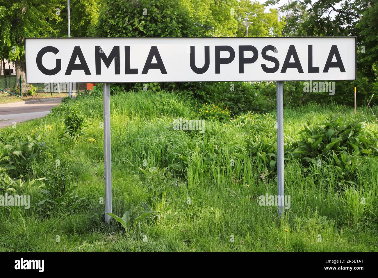 The Old Uppsala district name sign in the Swedish town of Uppsala. Stock Photo