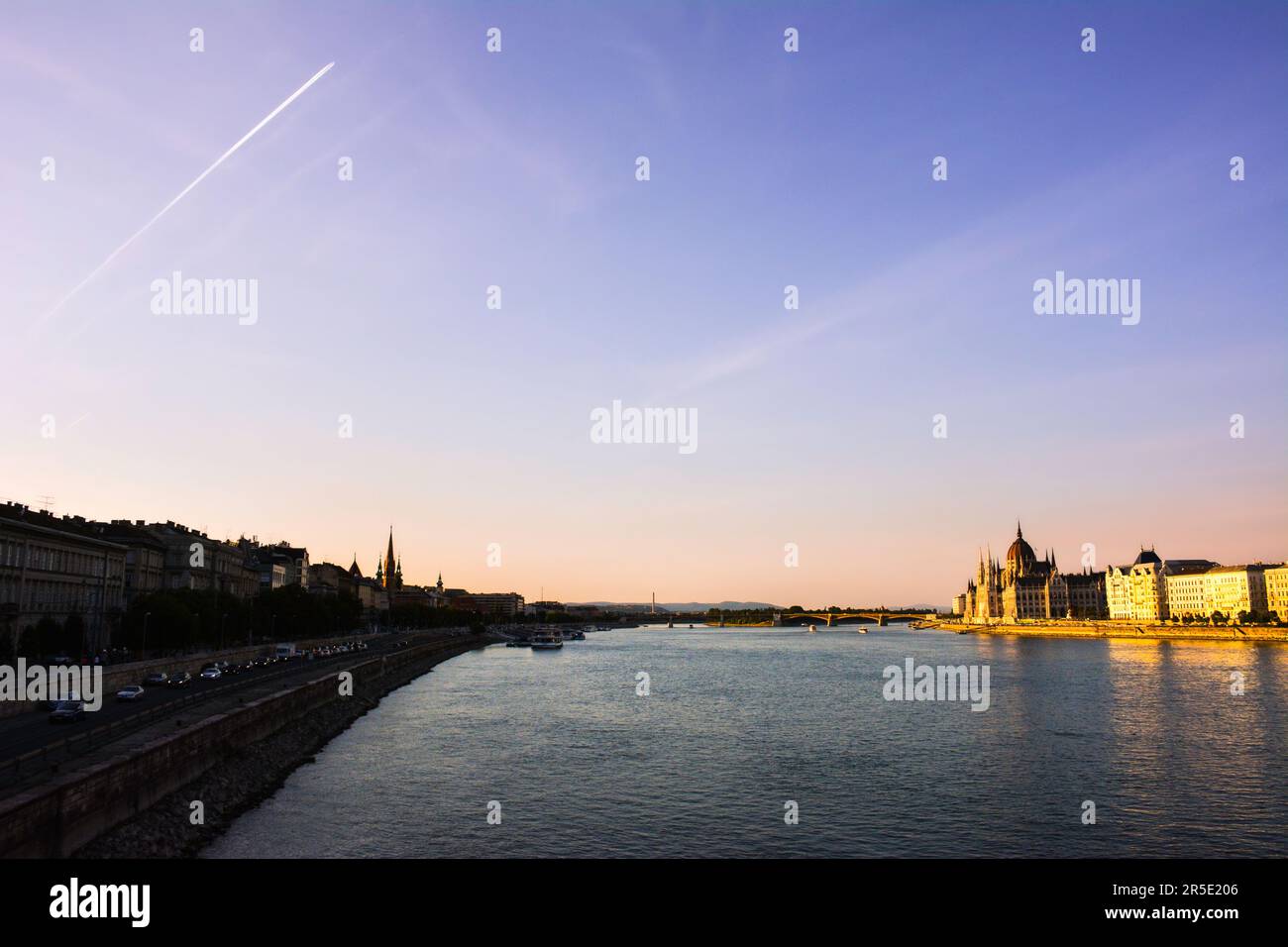 Sunset over the Danube River and the Hungarian Parliament - Budapest, Hungary Stock Photo