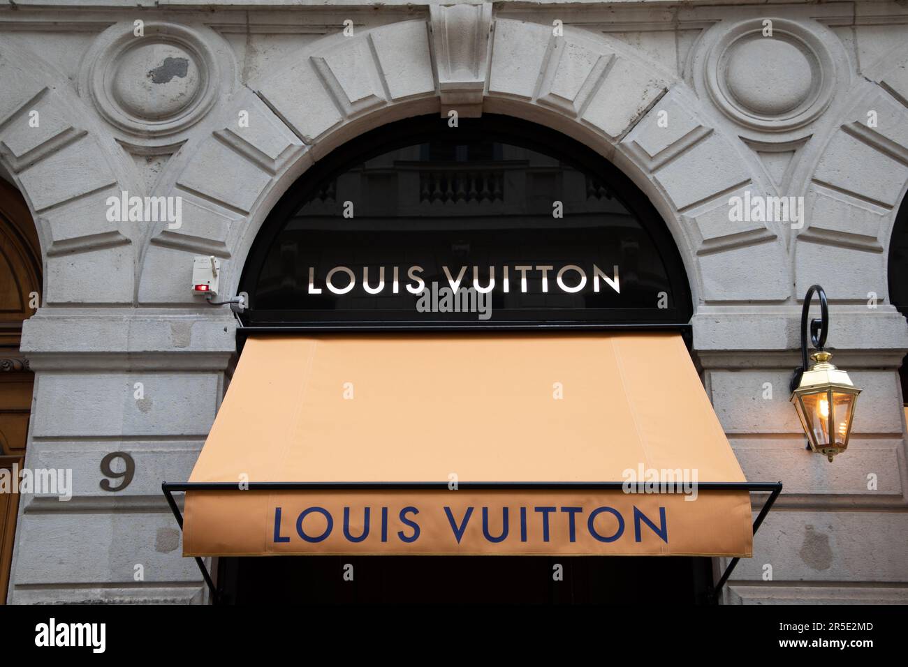 Bordeaux , Aquitaine  France - 06 01 2023 : louis vuitton logo brand and sign text front wall facade entrance up store fashion shop Stock Photo
