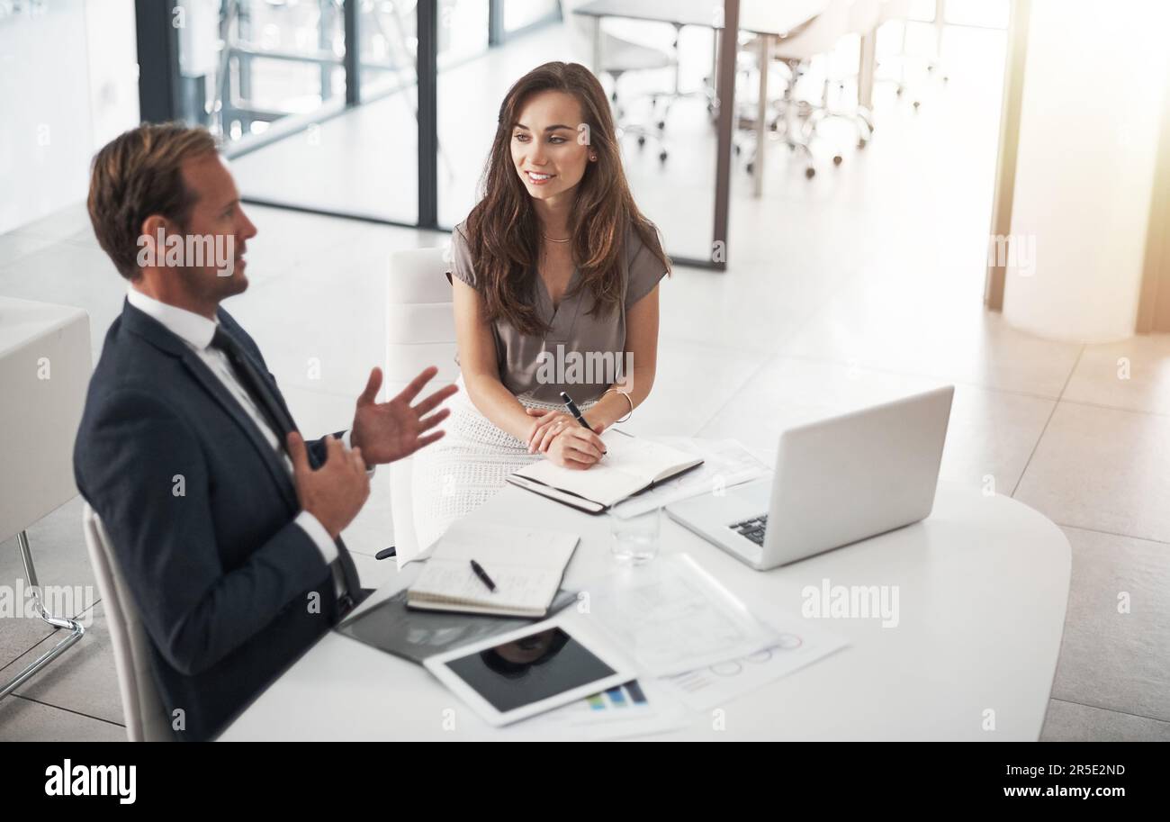 Putting forth their ideas. two businesspeople having a discussion in an office. Stock Photo