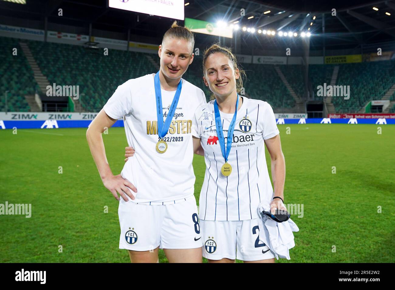 St. Gallen, Switzerland. 02nd June, 2023. 02.06.2023, St. Gallen,  Kybunpark, Women's Super League Final: Servette FC Chênois Féminin - FC  Zürich Frauen, #8 Julia Stierli (Zürich) and #26 Laura Vetterlein (Zürich)  pose