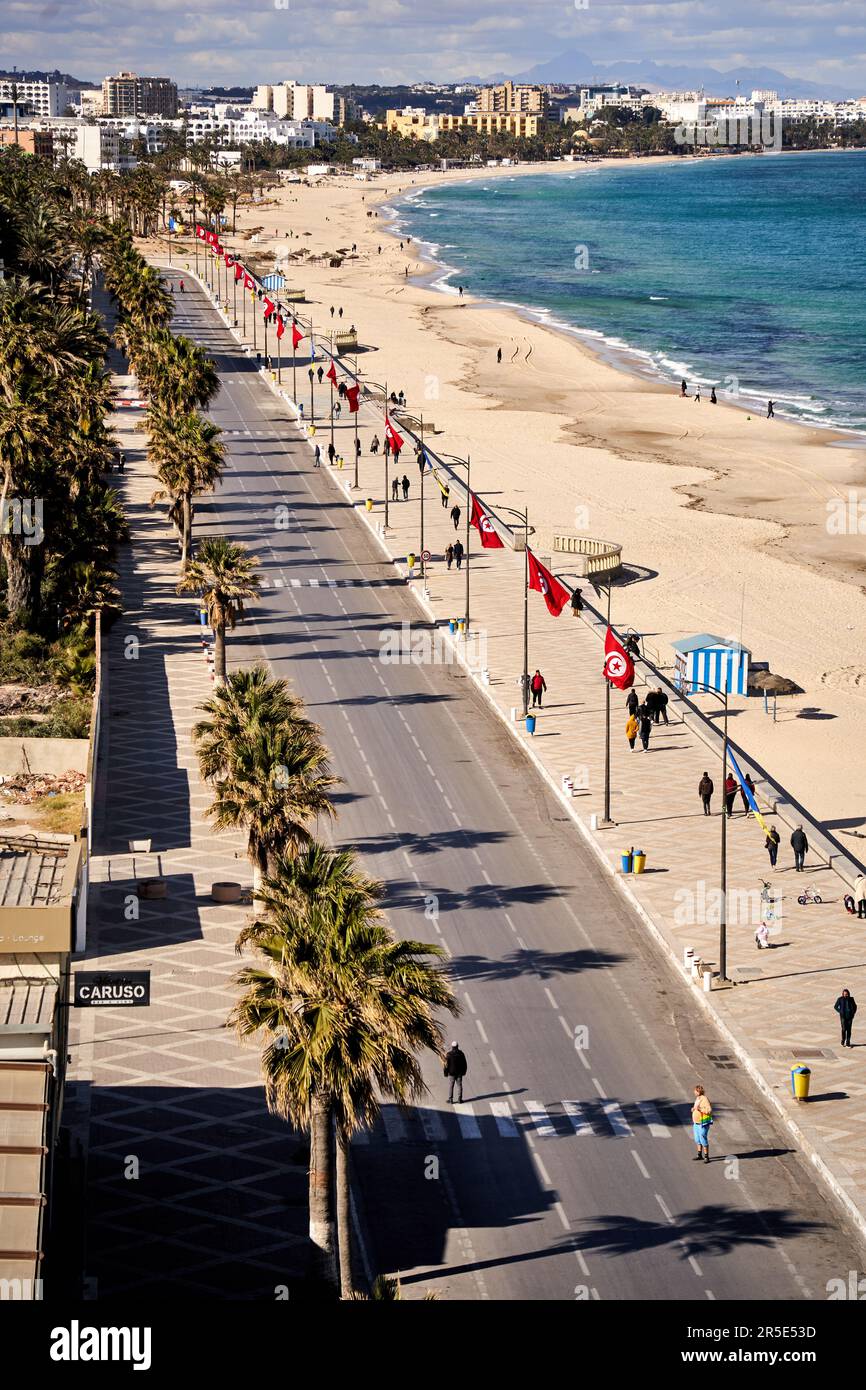 Sousse, Tunisia, January 22, 2023: Photograph of the beach, the prpmenade and the main street on the beach at Sousse Stock Photo