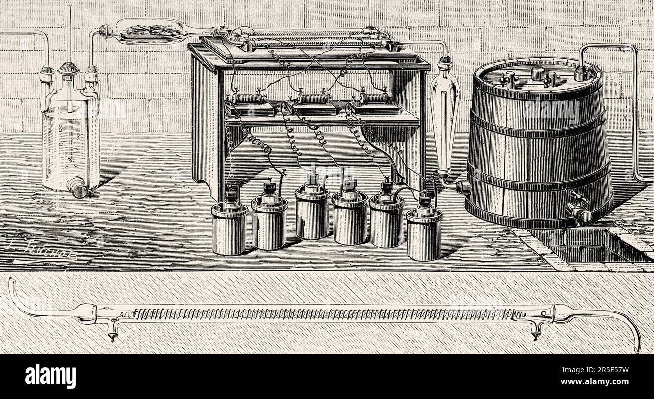 Disinfection of alcoholic phlegm and aging of spirits by oxone. Apparatus for rectifying alcohols. Old 19th century engraving from La Nature 1887 Stock Photo