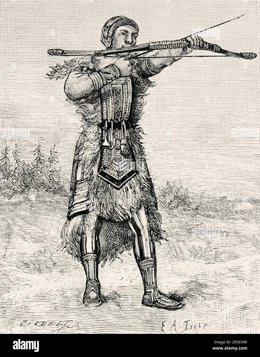 Tungusic hunter with bow and arrows, Siberia. Old 19th century engraving from La Nature 1887 Stock Photo
