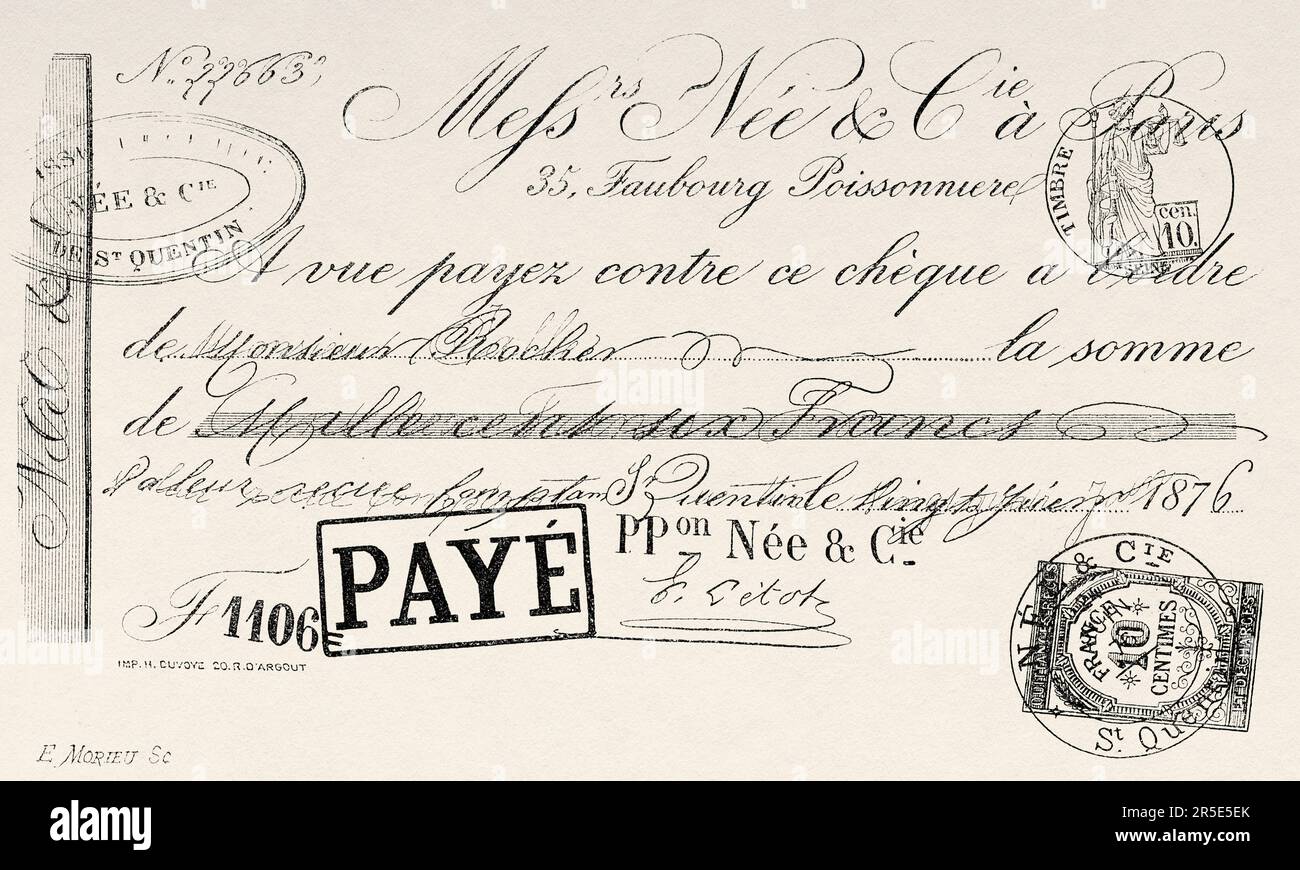 Forged check from the late 19th century, France. Old 19th century engraving from La Nature 1887 Stock Photo
