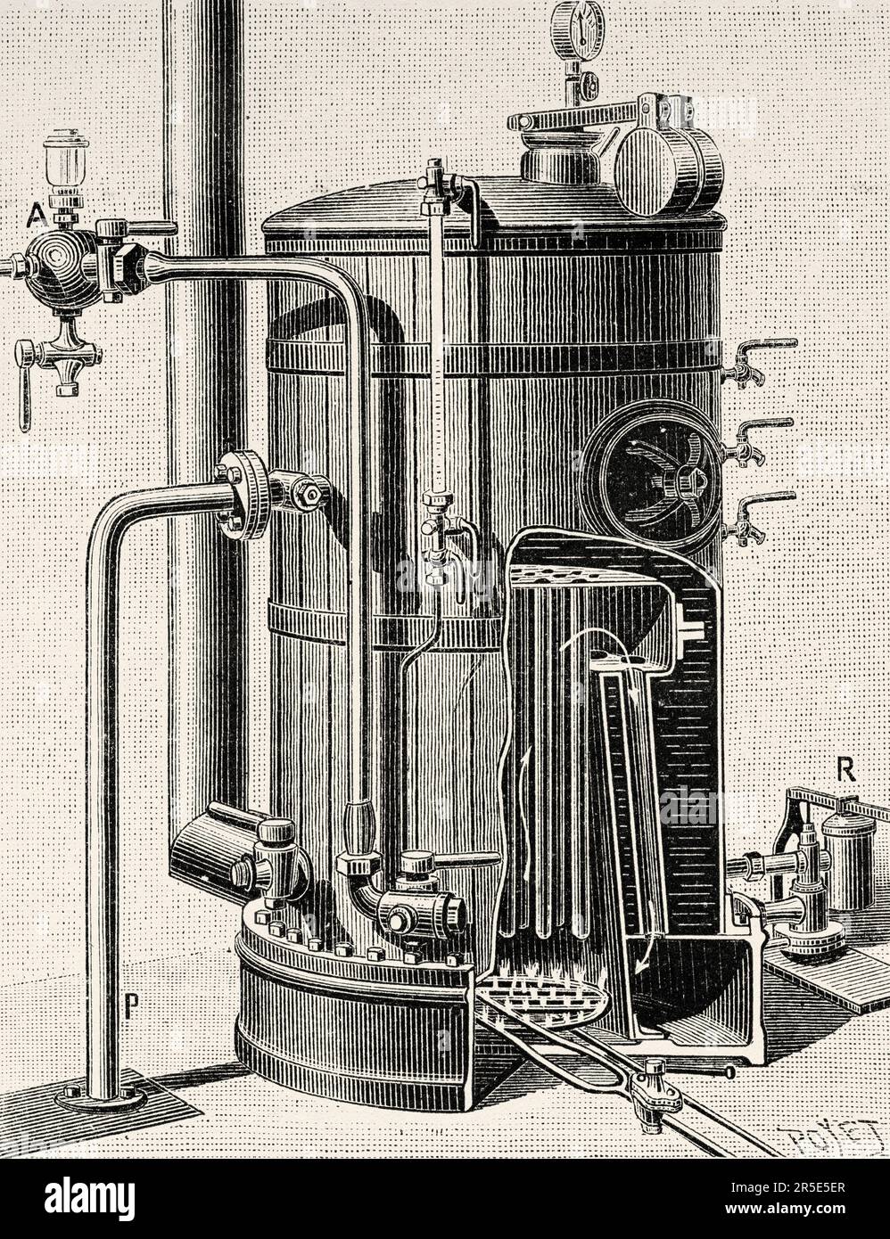 Paris fire brigade equipment materials, heating with a steam-powered pump, France. Old 19th century engraving from La Nature 1887 Stock Photo