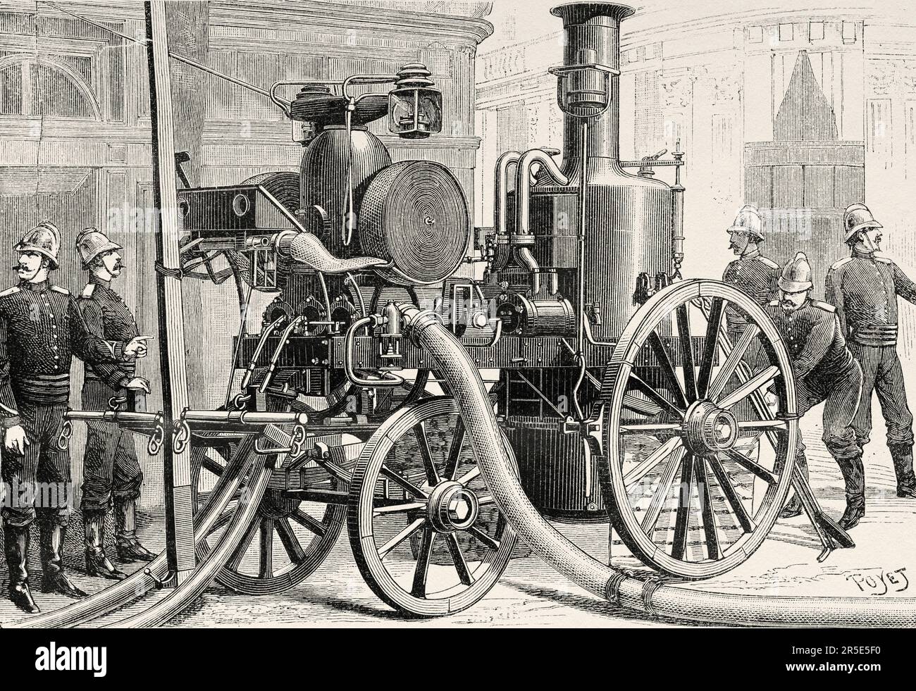 Paris fire brigade equipment materials, Thirion system Steam operated fire pump, France. Old 19th century engraving from La Nature 1887 Stock Photo