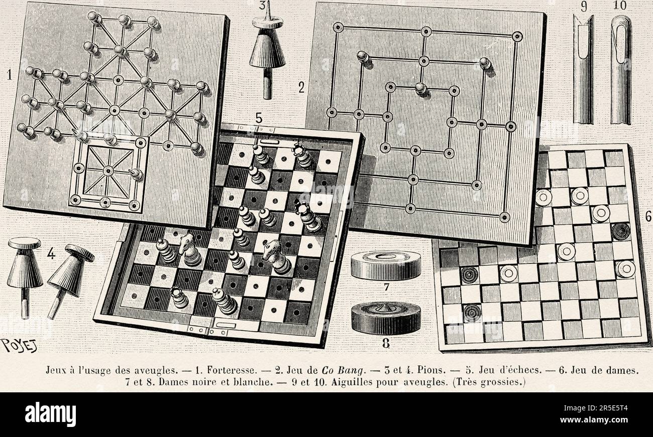 Games for blind people. Old 19th century engraving from La Nature 1887 Stock Photo