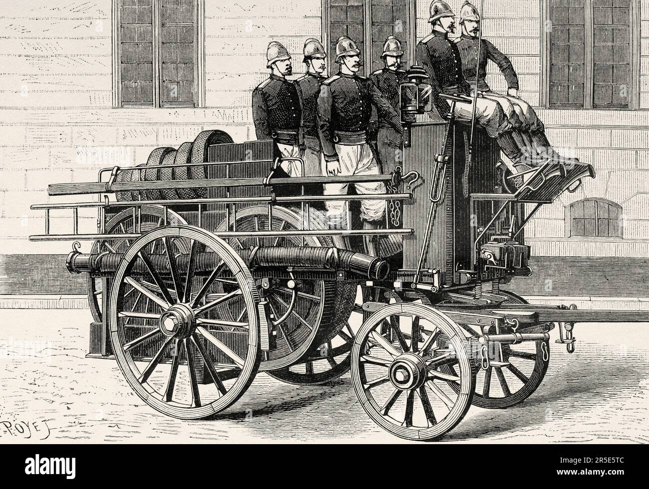 Fire pump trolley of the Paris fire brigade, France. Old 19th century engraving from La Nature 1887 Stock Photo