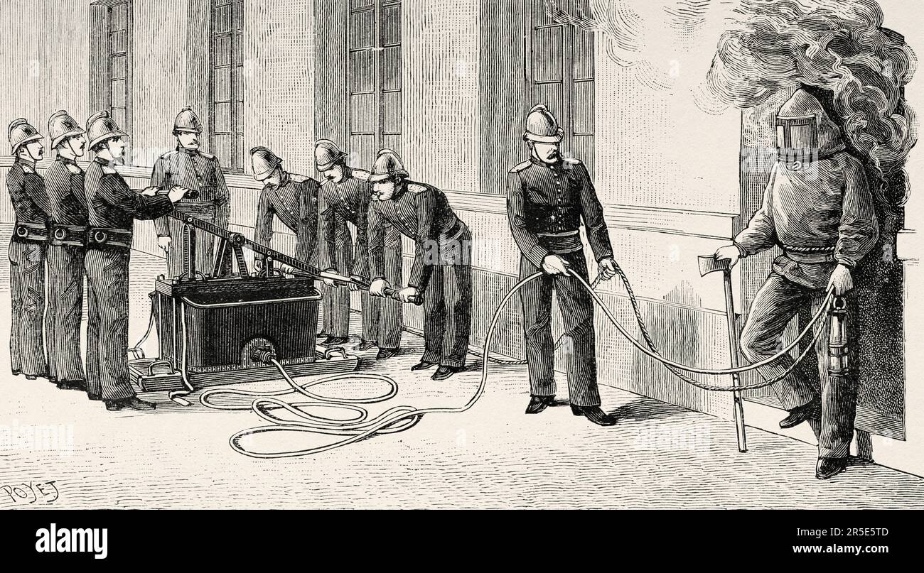 Cellar fire apparatus, diving suit allowing to visit a room filled with deleterious gases of the Paris fire brigade, France. Old 19th century engraving from La Nature 1887 Stock Photo