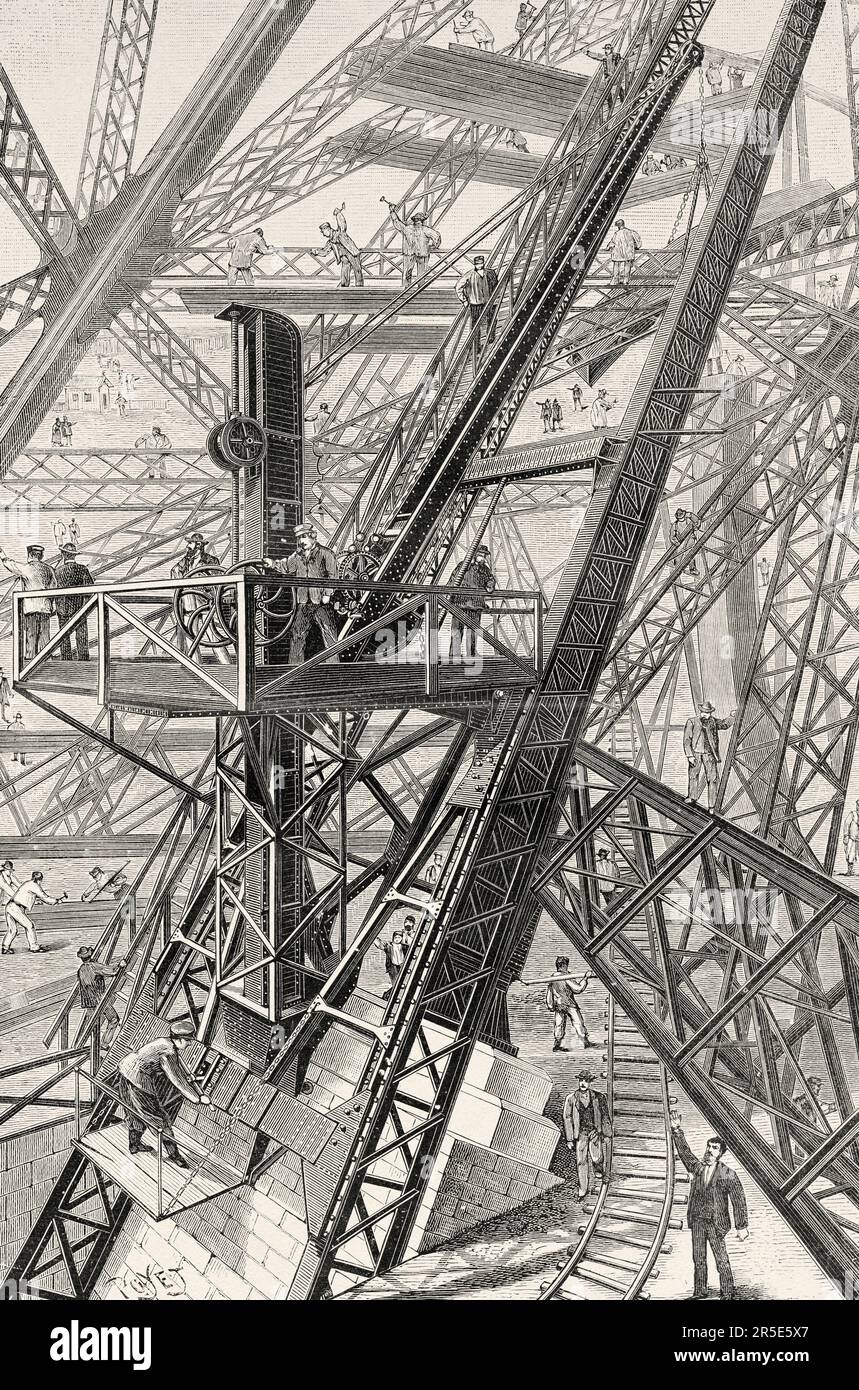 Construction of the Eiffel Tower, Paris in 1887, France. Old 19th century engraving from La Nature 1887 Stock Photo