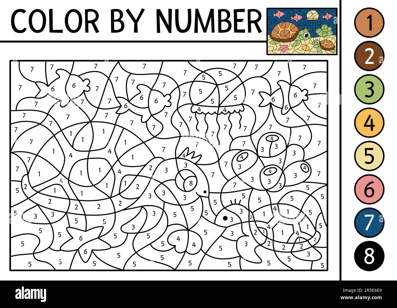 Vector under the sea color by number activity with turtle and baby. Ocean life scene. Black and white counting game with water animal. Coloring page f Stock Vector