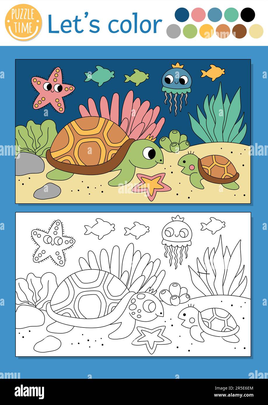Vector coloring book page for adults. Black and white illustration of underwater  life, sea creature, shell, algae and fish Stock Vector | Adobe Stock