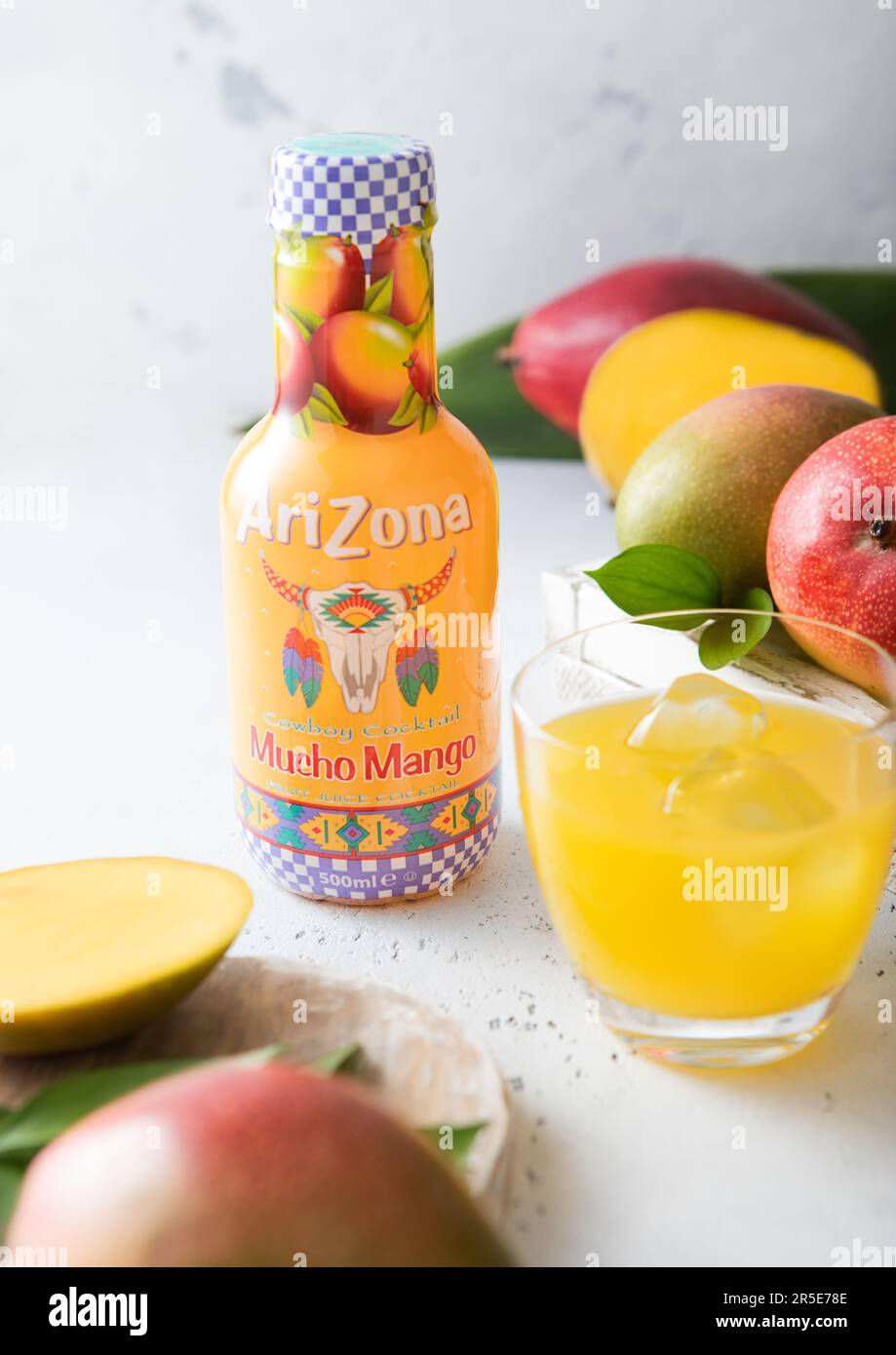 LONDON,UK MAY 01, 2023 Bottle of Arizona Iced Tea with mango taste