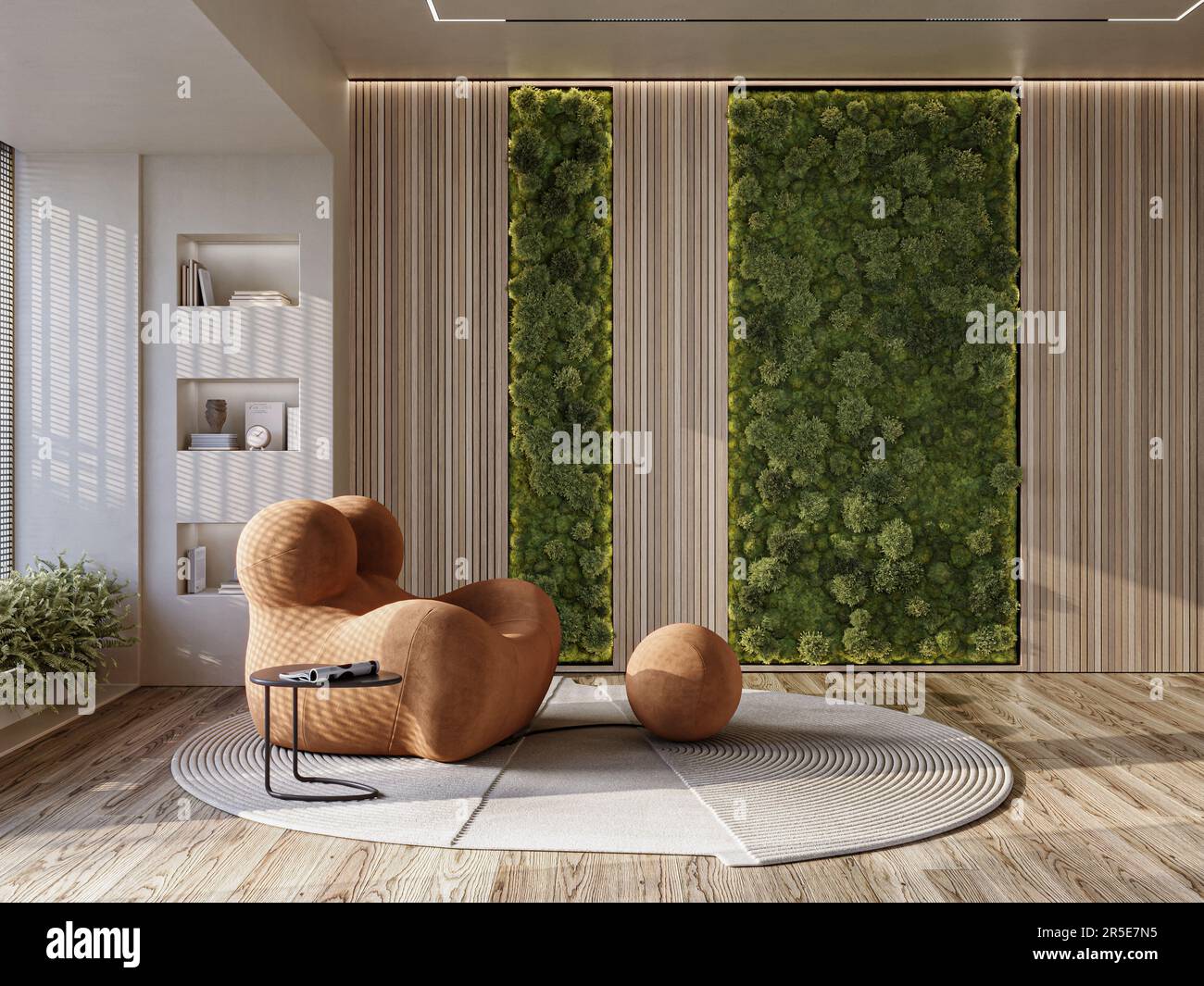 Reindeer moss wall in modern living room interior. Vertical landscaping