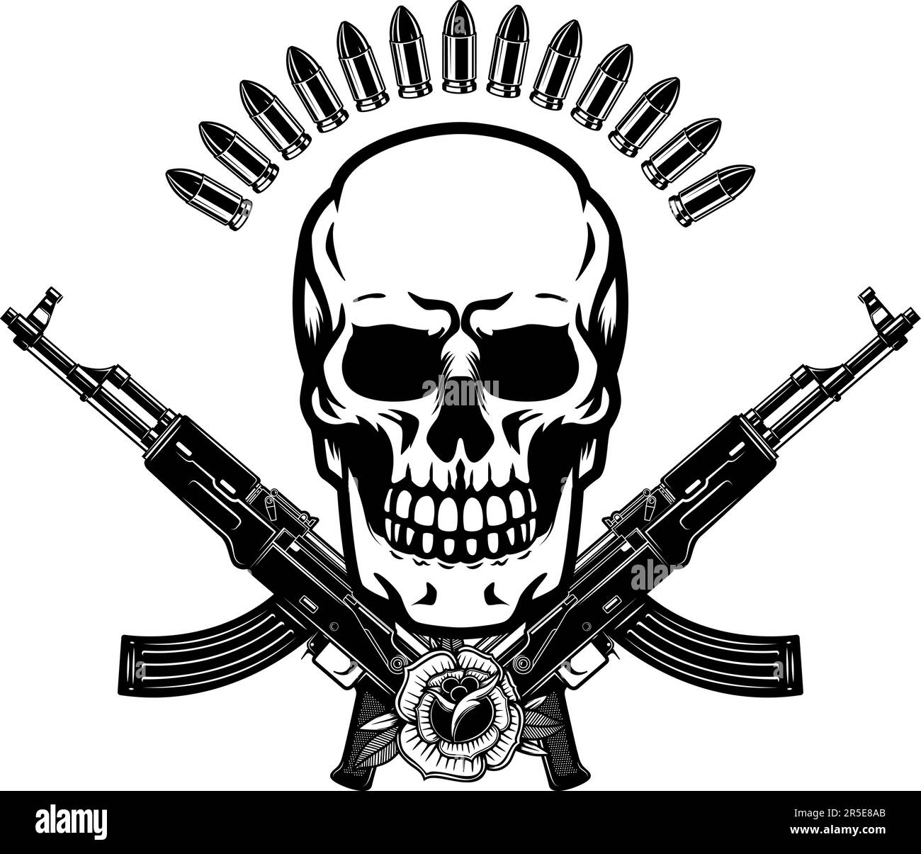 Illustration of the skull with crossed assault rifles. Design element for logo, label, sign, emblem. Vector illustration, Illustration of the skull wi Stock Vector