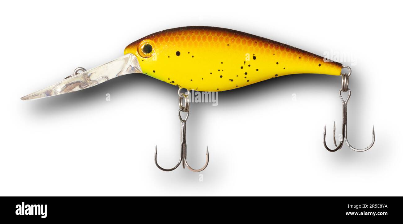 Drop shadow behind an artificial fishing lure with two treble hooks and