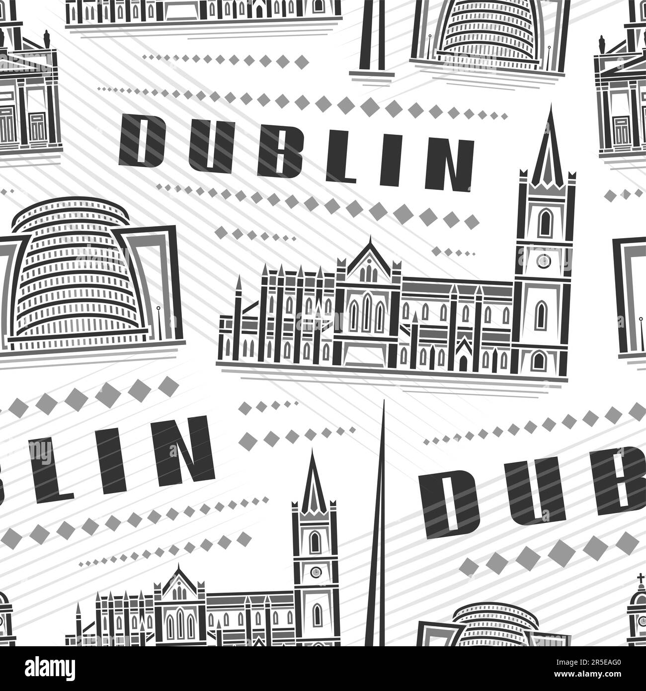 Vector Dublin Seamless Pattern, repeating background with illustration of famous european dublin city scape on white background for bed linen, monochr Stock Vector