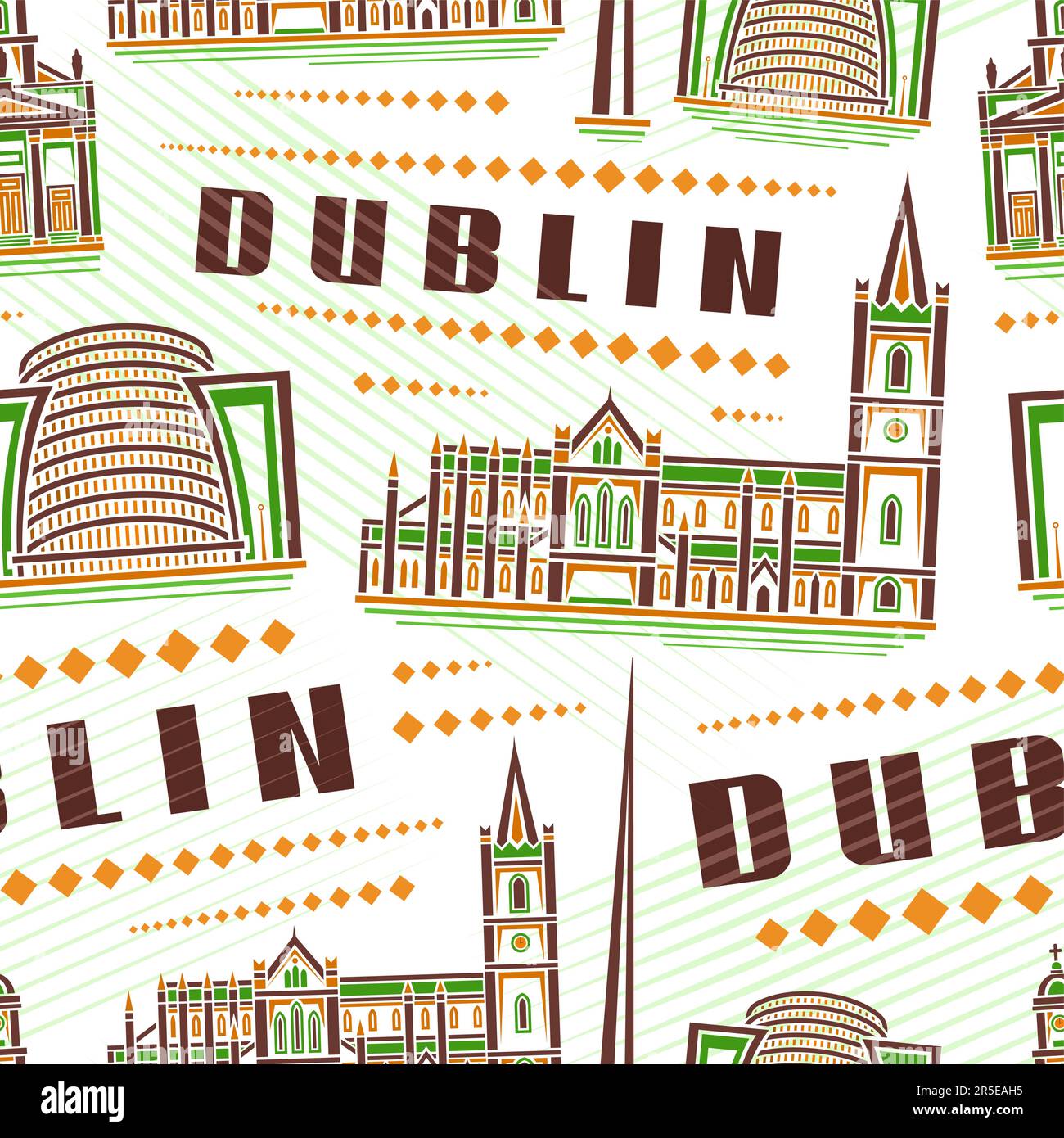 Vector Dublin Seamless Pattern, repeat background with illustration of famous european dublin city scape on white background for wrapping paper, decor Stock Vector