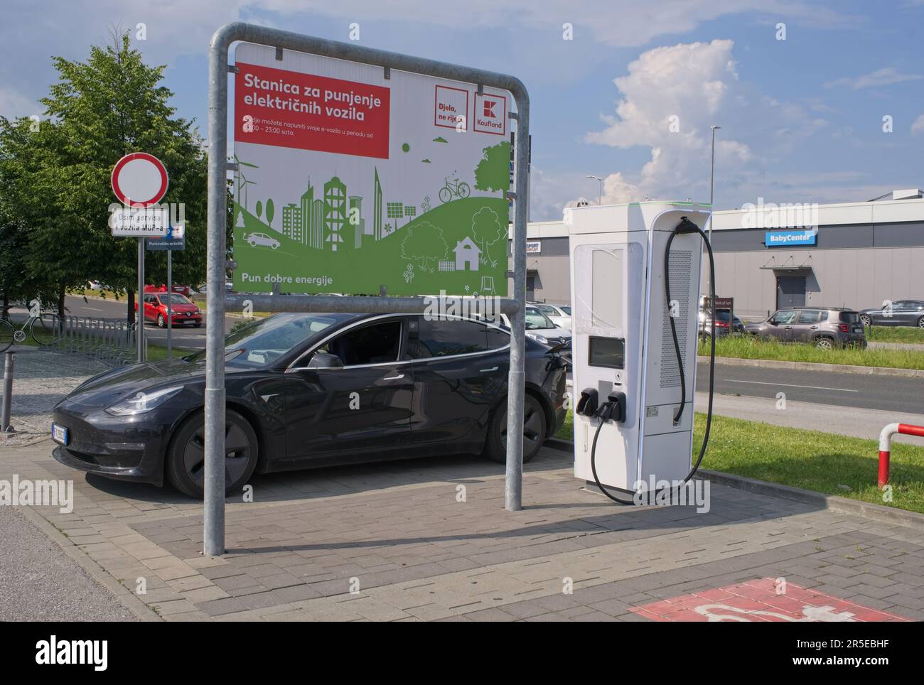 Zagreb, Croatia Jun 1, 2023 A static shot of a solid black Tesla