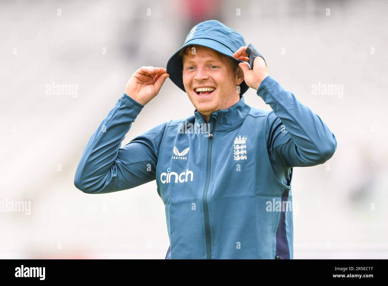 Ollie Pope of England during the pre match warm up ahead of the LV