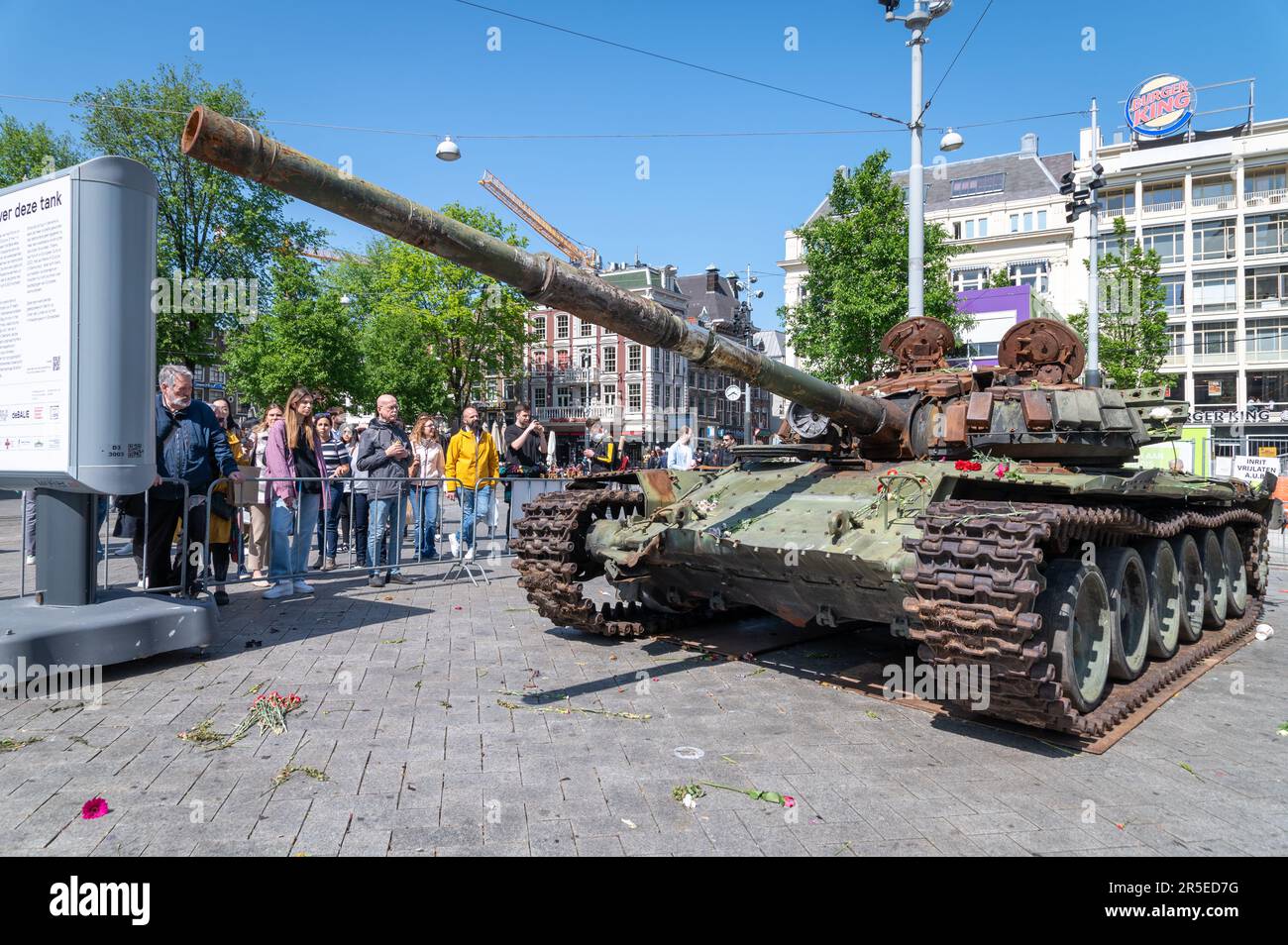 Wrecked Russian tank in Leidseplein square, Amsterdam Stock Photo