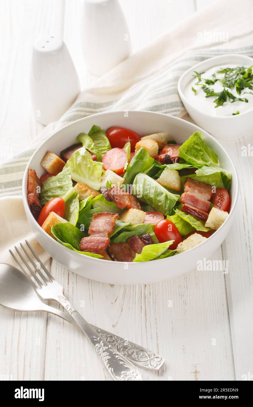 Bacon Lettuce Tomato, BLT salad with creamy dressing sauce, croutons closeup on the plate on the table. Vertical Stock Photo