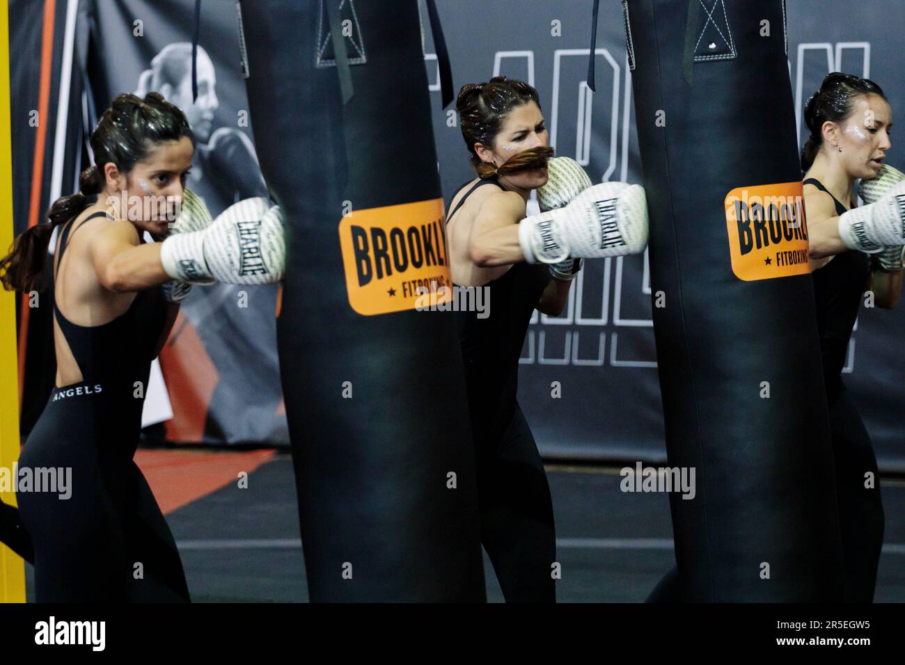 Several girls participate in the Fitboxing World Games 2023, at the Caja  Mágica in Madrid, on June 3, 2023, in Madrid (Spain). The event gathers  more than 45,000 fitboxers and more than