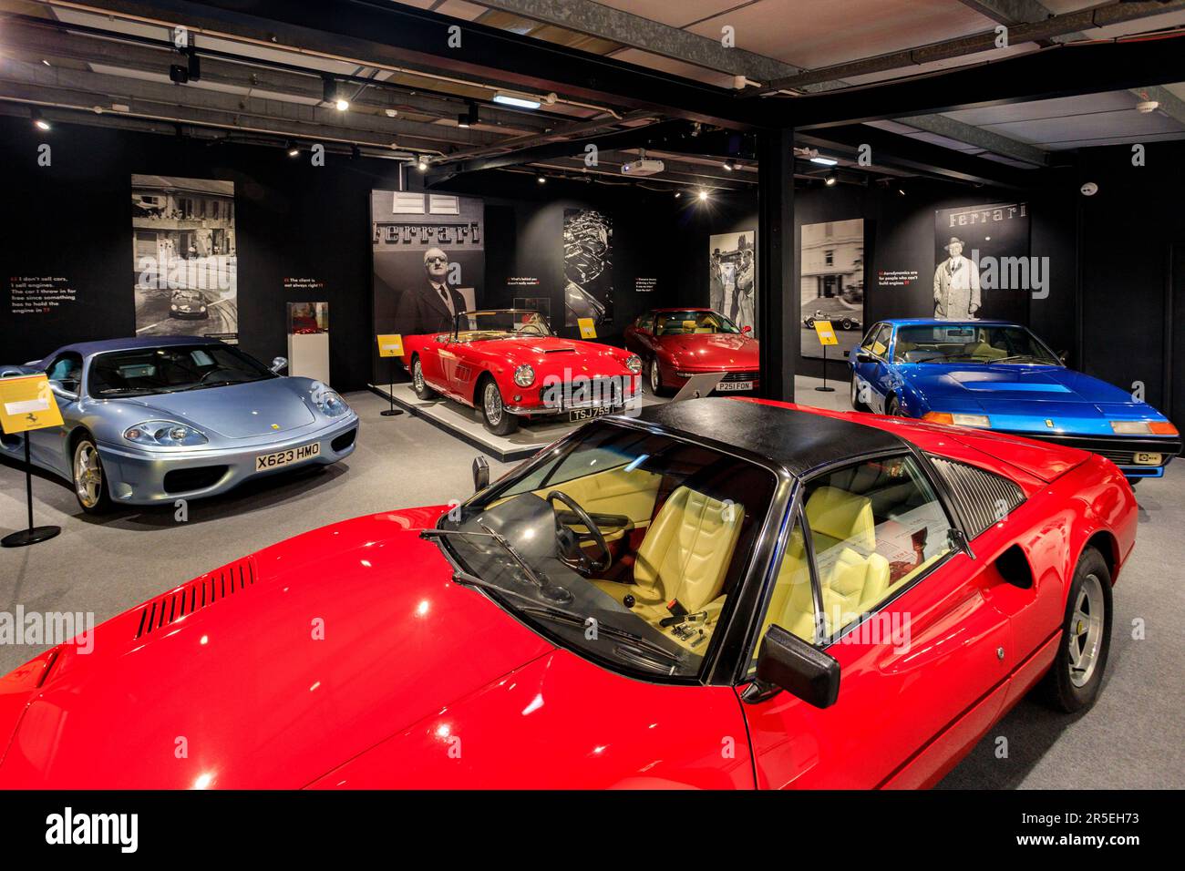 A sleek and colourful selection of Ferraris in the Ferrari Room at the Haynes International Motor Museum, Sparkford, Somerset, UK Stock Photo