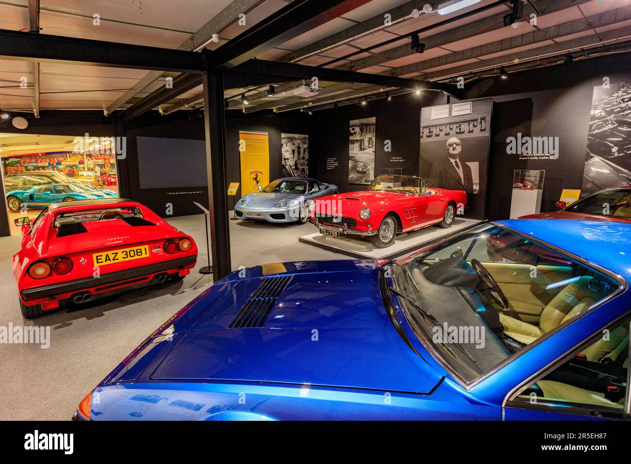 A sleek and colourful selection of Ferraris in the Ferrari Room at the Haynes International Motor Museum, Sparkford, Somerset, UK Stock Photo