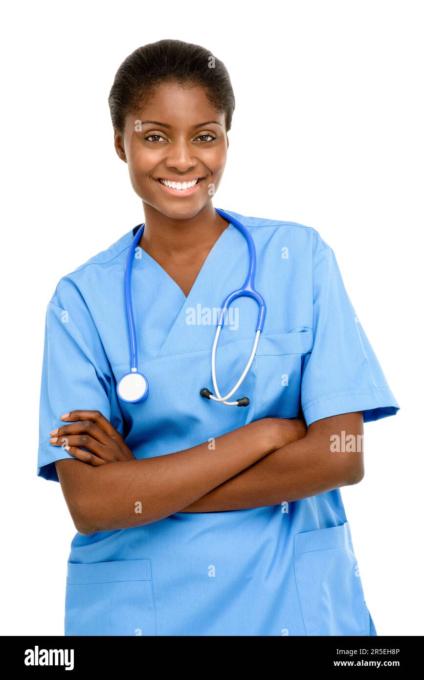 Portrait, doctor and black woman with arms crossed in white background ...