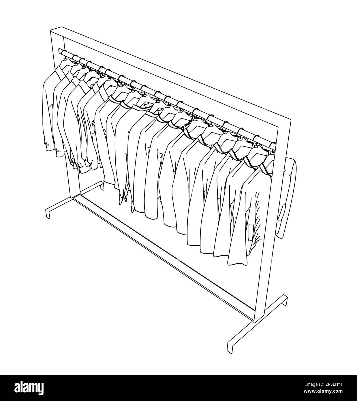 Outline of clothes hanging on hangers from black lines isolated on white background. Isometric view. 3D. Vector illustration. Stock Vector