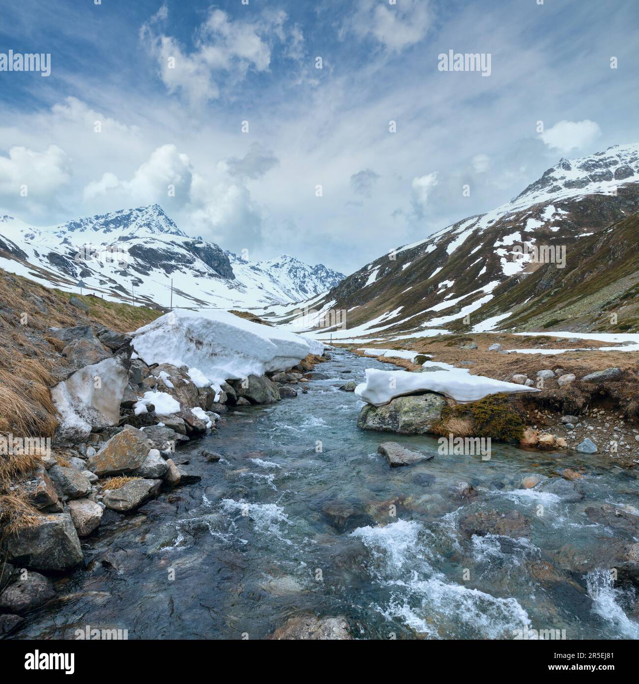 Summer mountain landscape with river (Fluela Pass, Switzerland Stock