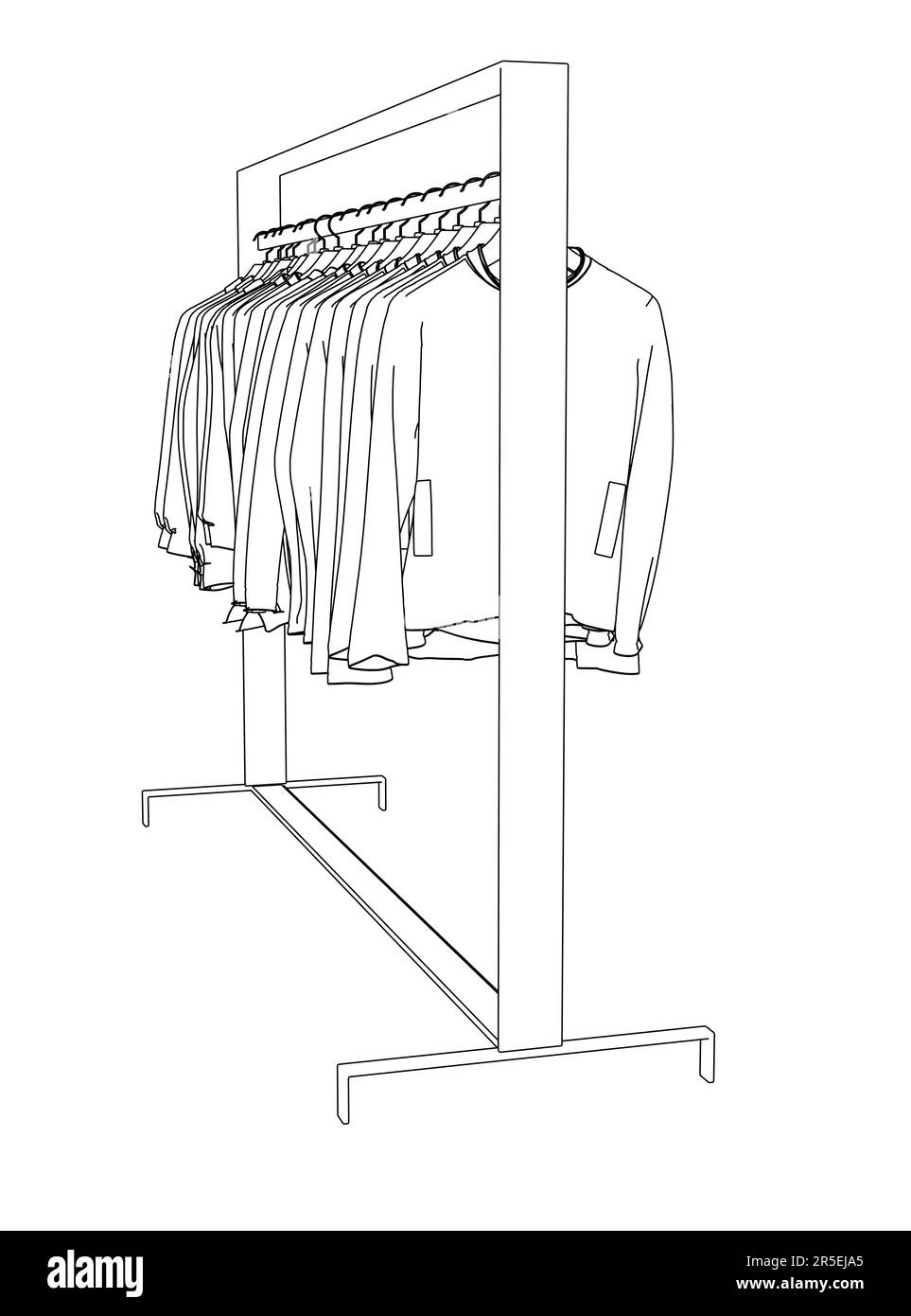 Outline of clothes hanging on hangers from black lines isolated on white background. 3D. Vector illustration. Stock Vector