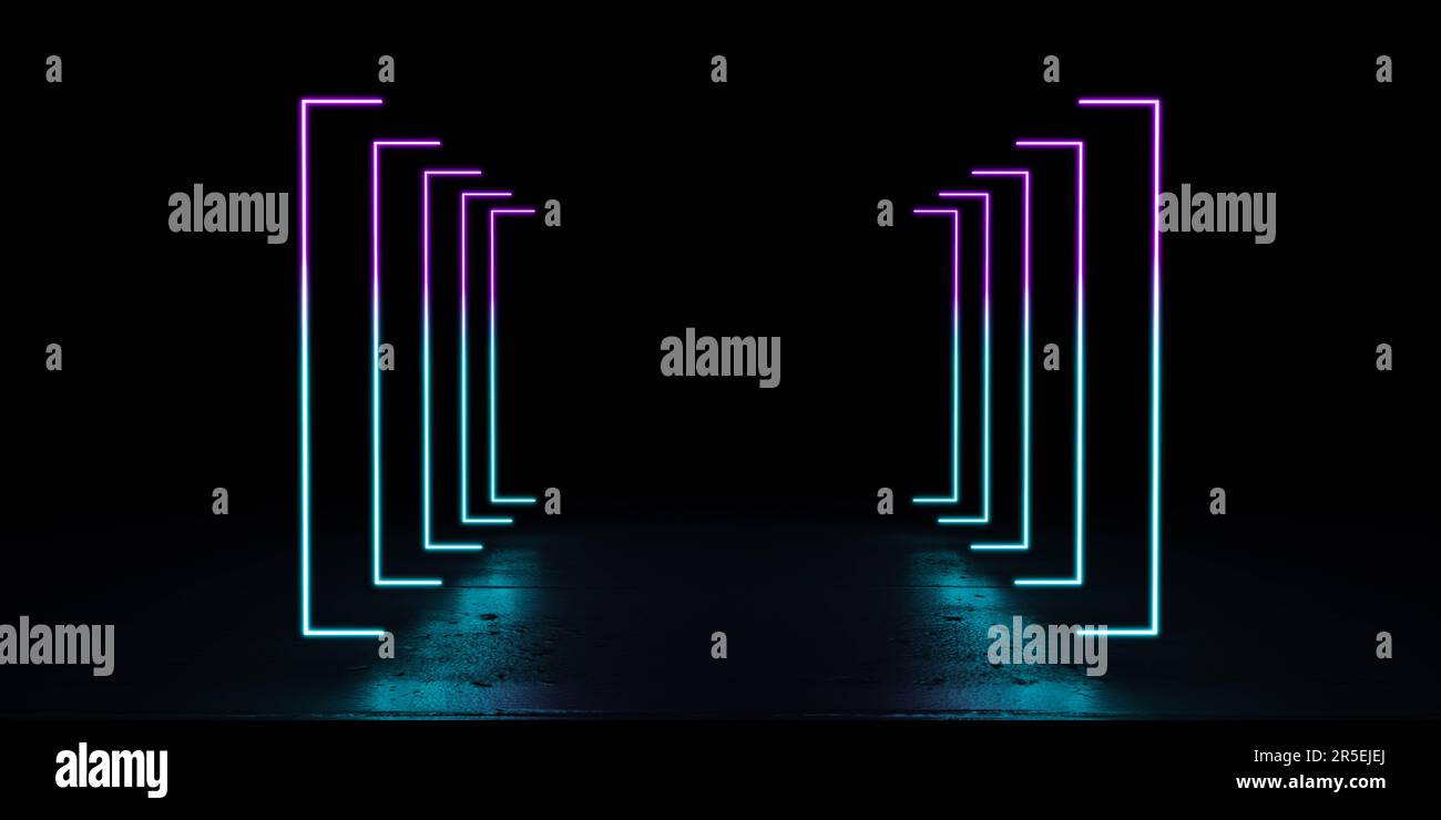 Illustration of a dark room with a long line of neon lights