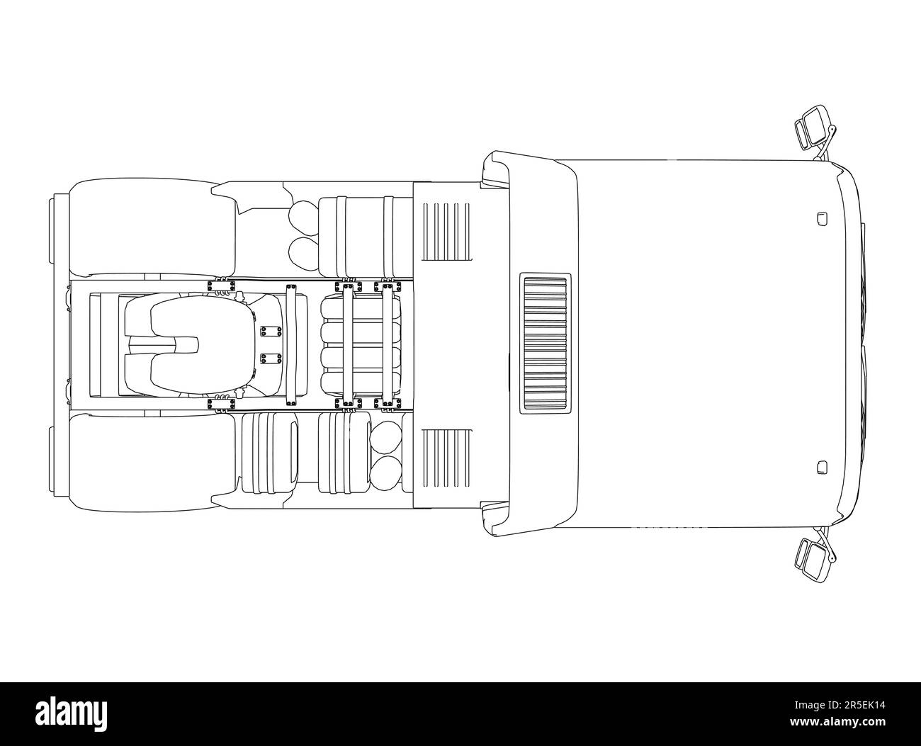 Outline of a truck without a trailer from black lines isolated on a white background. View from above. Vector illustration. Stock Vector