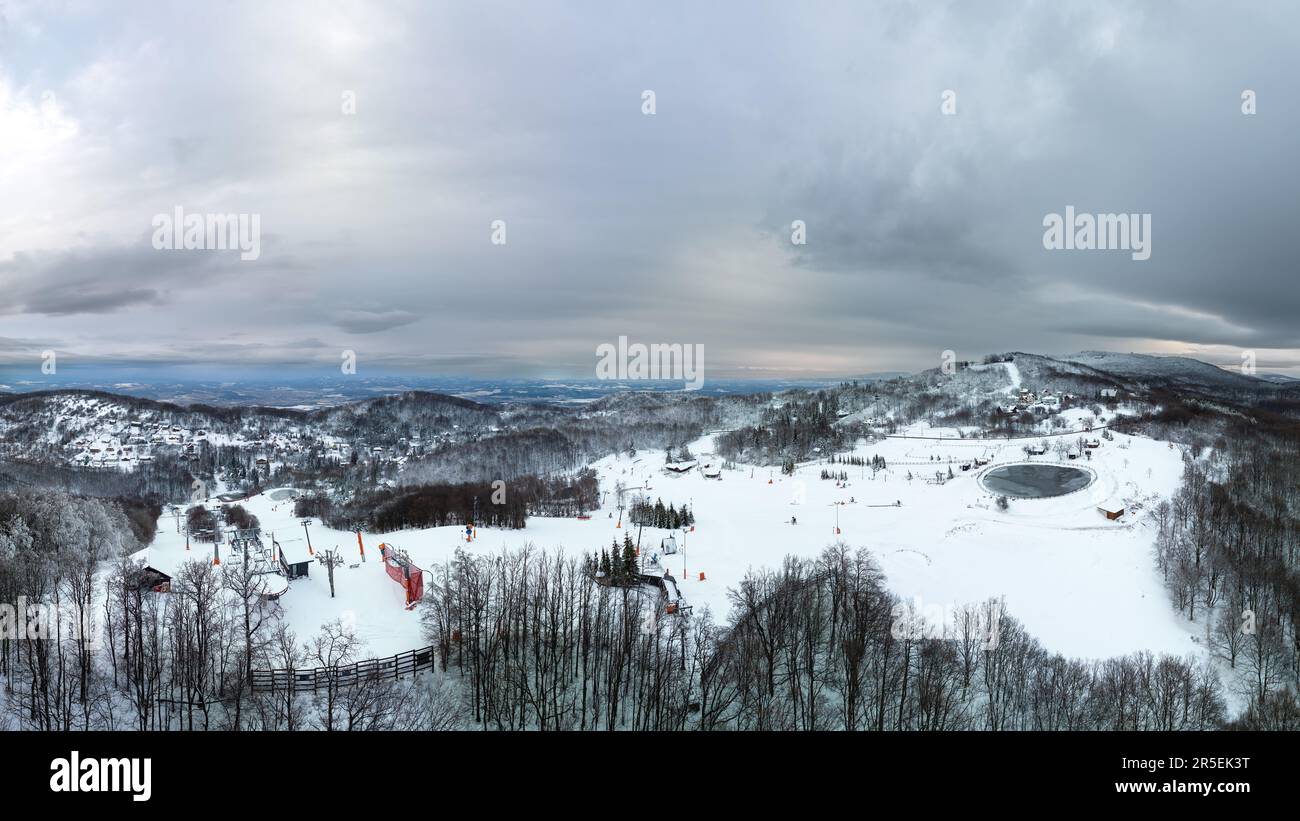Ski track of Matraszentivan. It is the one of place in Hungary where people can skiing in winter time. Snow covered landscape photo Stock Photo