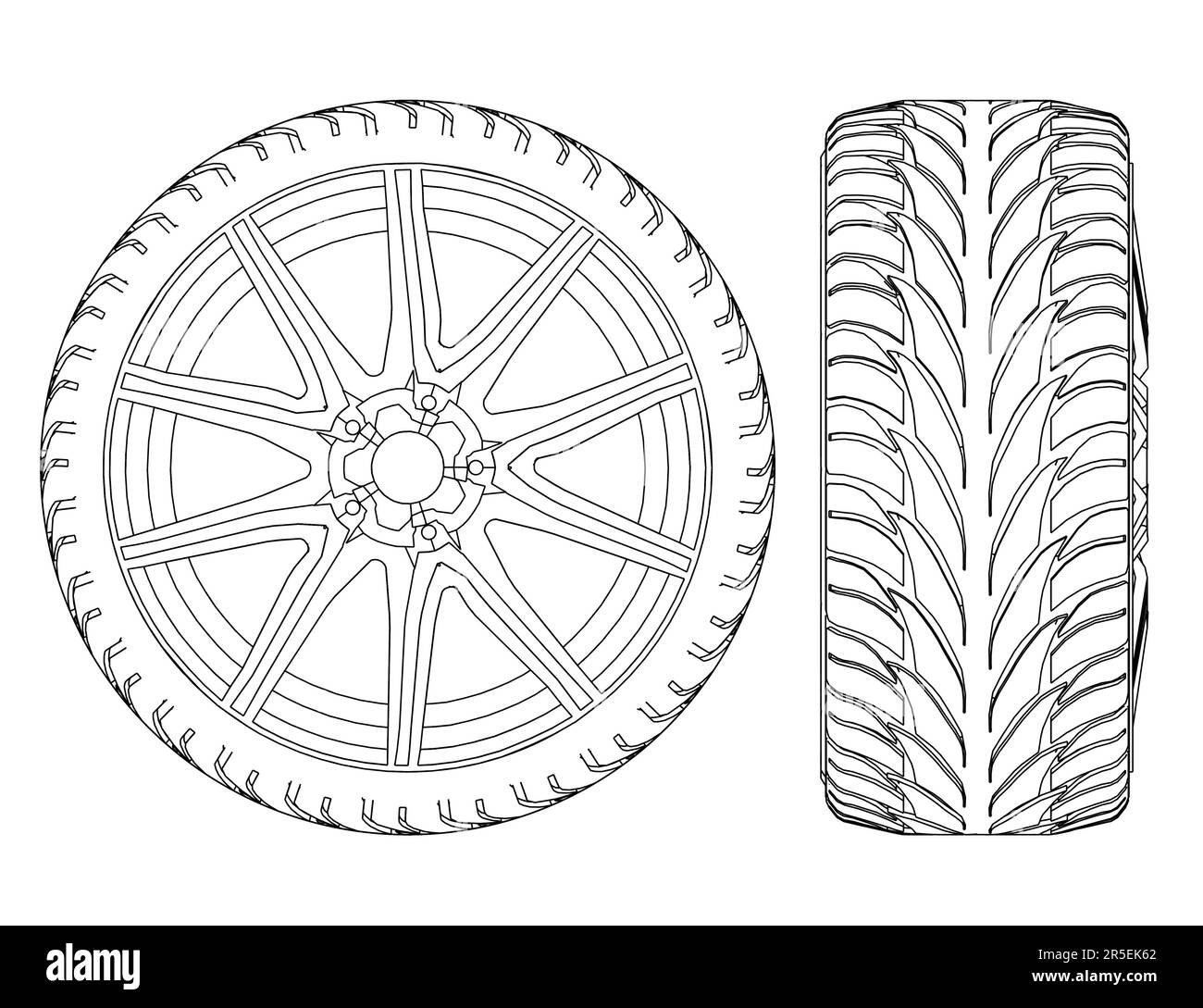 Outline of an automobile wheel from black lines isolated on a white background. Side view, front. Vector illustration. Stock Vector