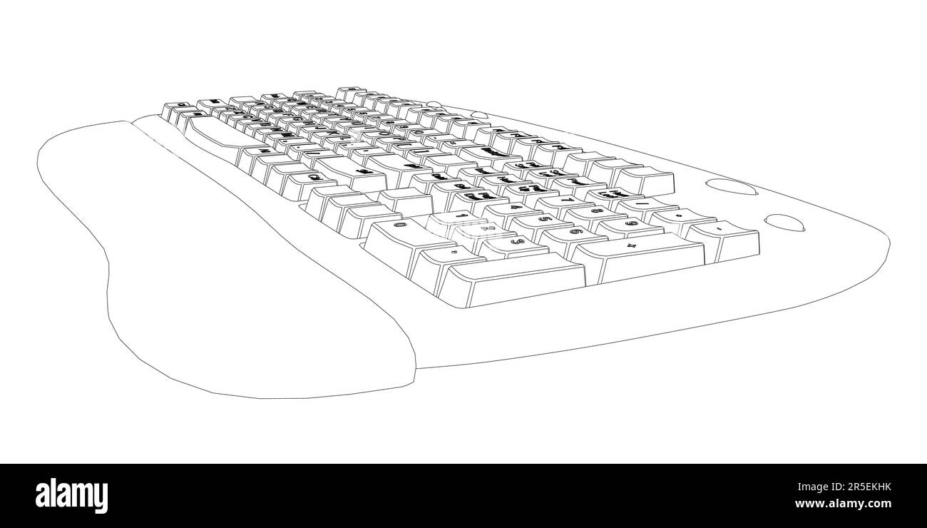 Outline of a computer keyboard from black lines isolated on a white background. Perspective view. 3D. Vector illustration. Stock Vector