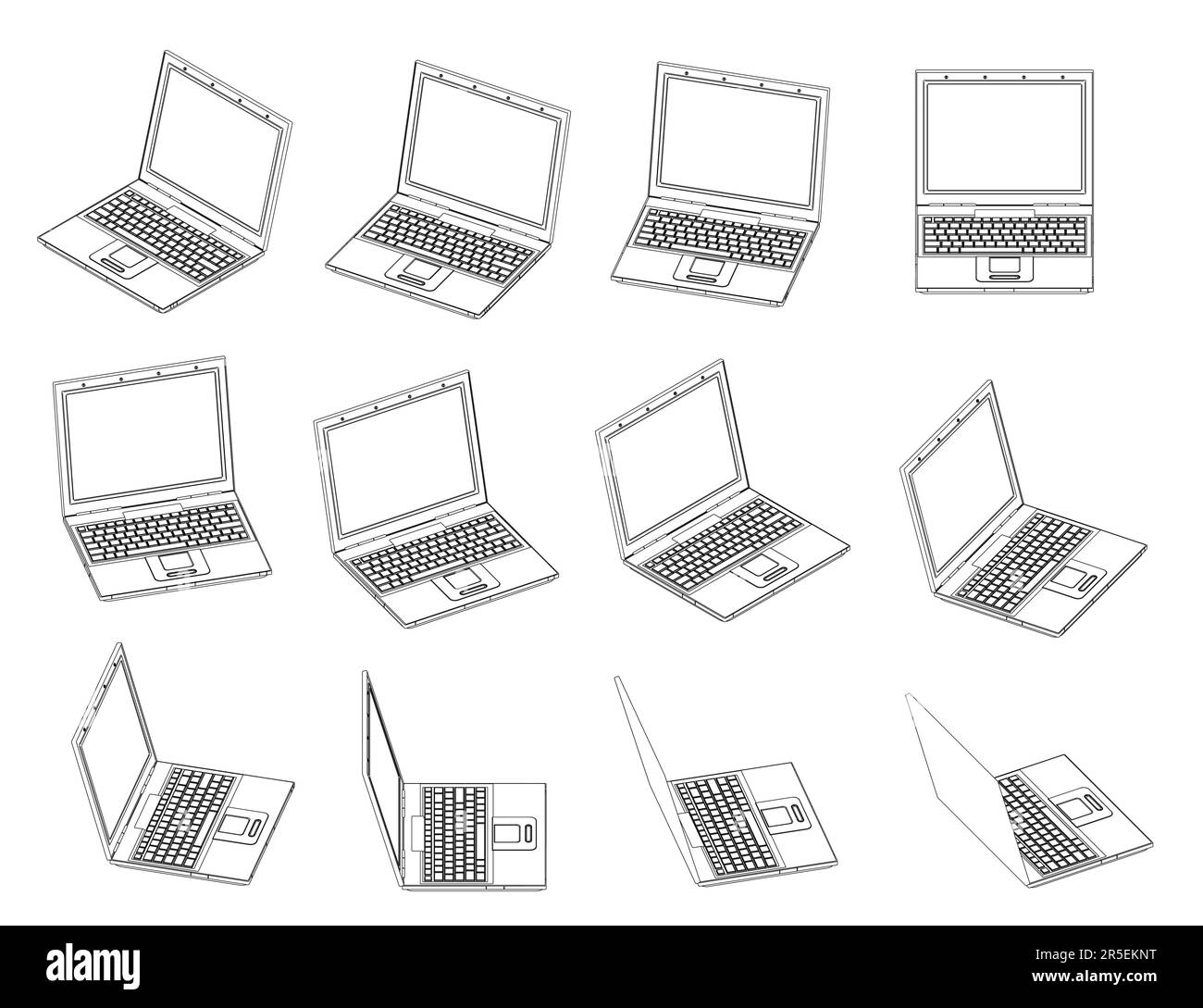 Set with contours of an open laptop turning around from black lines isolated on a white background. Isometric view. 3D. Vector illustration. Stock Vector