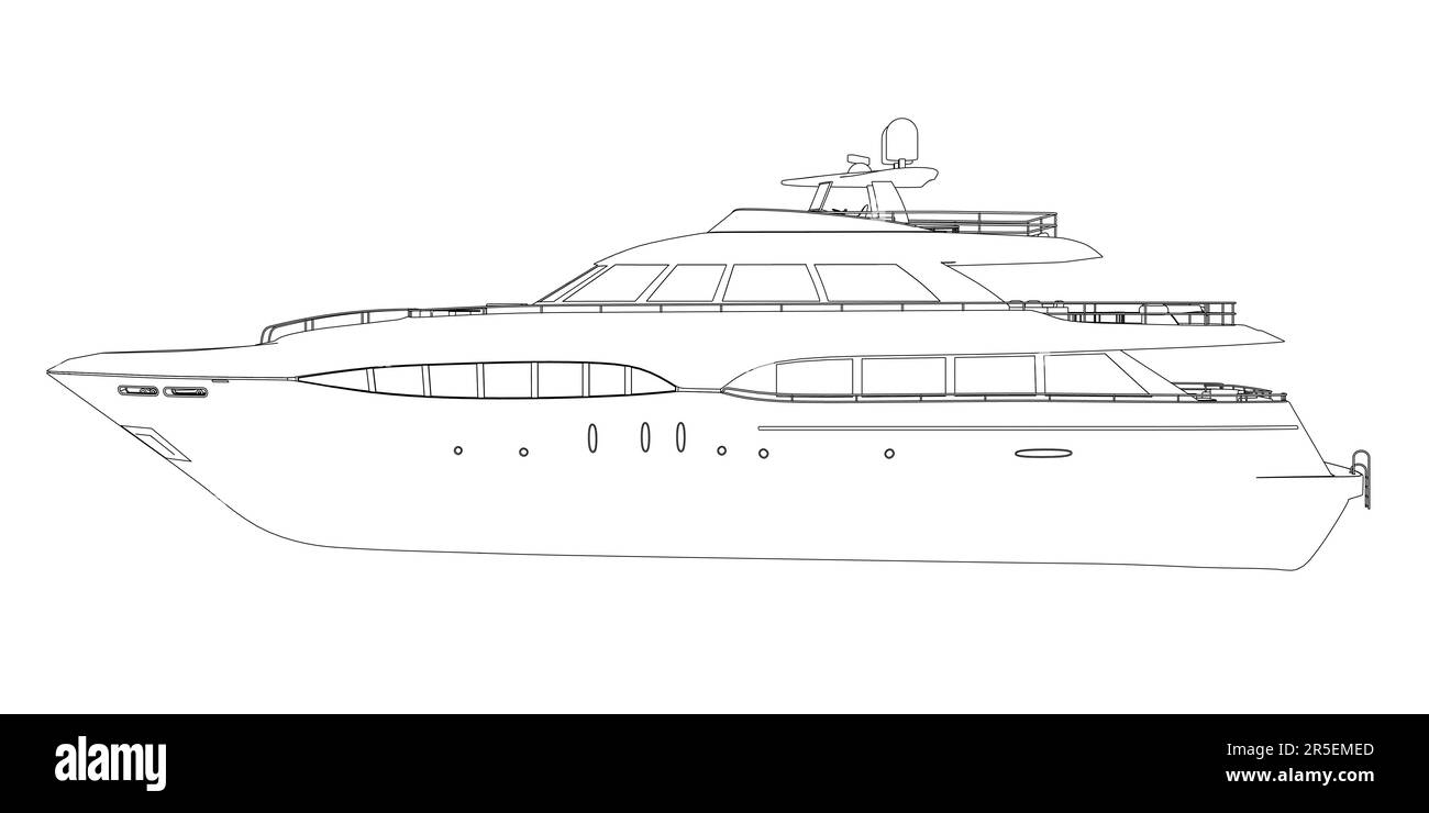 Outline of a large luxury yacht from black lines isolated on a white
