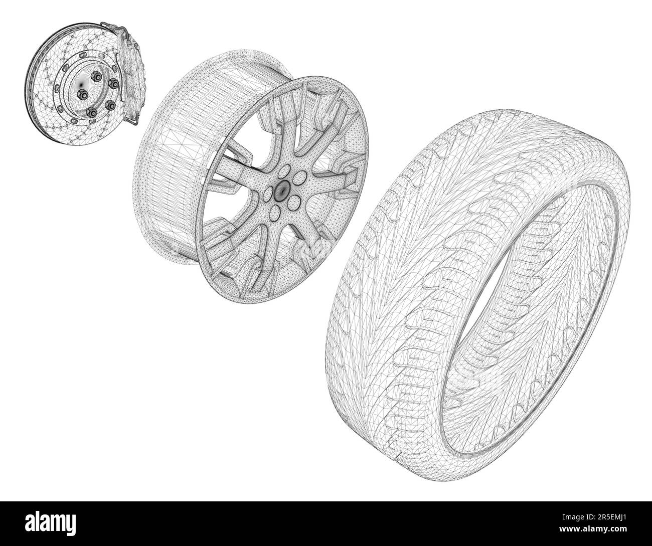 Wireframe of a car wheel disassembled into a tire, disc and brake disc from black lines isolated on a white background. Isometric view. 3D. vector ill Stock Vector