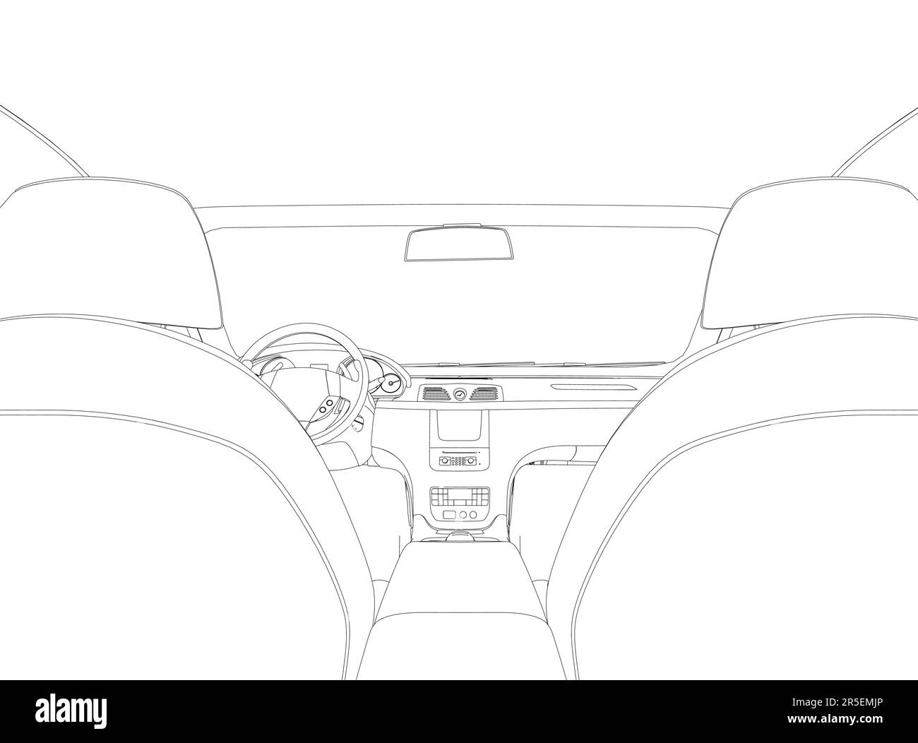 The contour of the car interior inside from black lines isolated on a white background. View from the back seat. 3D. Vector illustration. Stock Vector