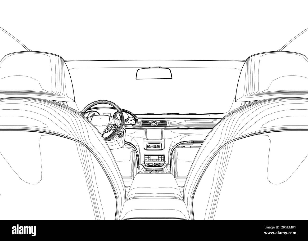 The contour of the car interior inside from black lines isolated on a white background. View from the back seat. 3D. Vector illustration. Stock Vector