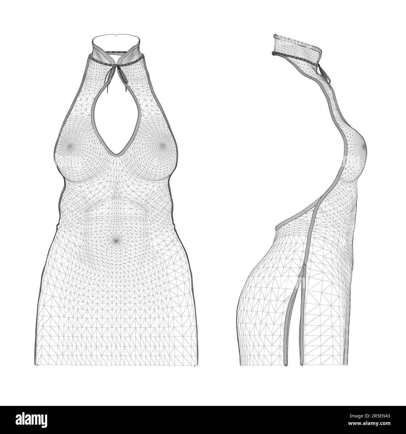 Wireframe of a women's short dress with an open back from black lines isolated on a white background. Side and front view. 3D. Vector illustration. Stock Vector